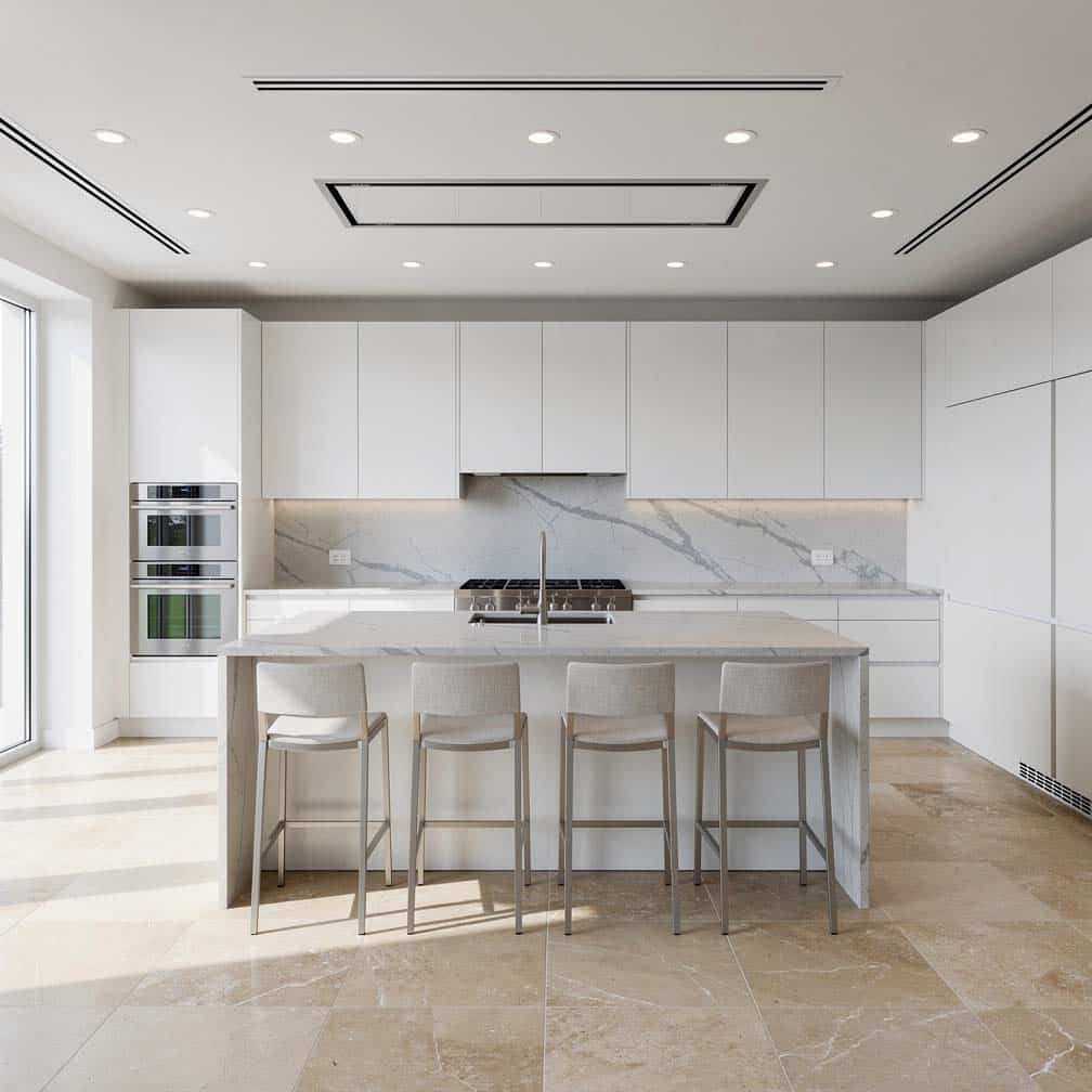 Kitchen ceiling used to install recessed lighting, ventilation, and a custom oven hood.