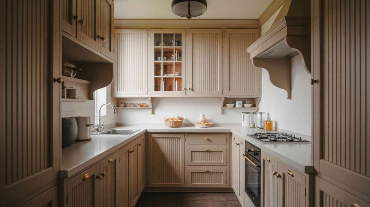 Galley kitchen with beadboard cabinet doors, brass hardware, dark beige lower cabinets and white uppers