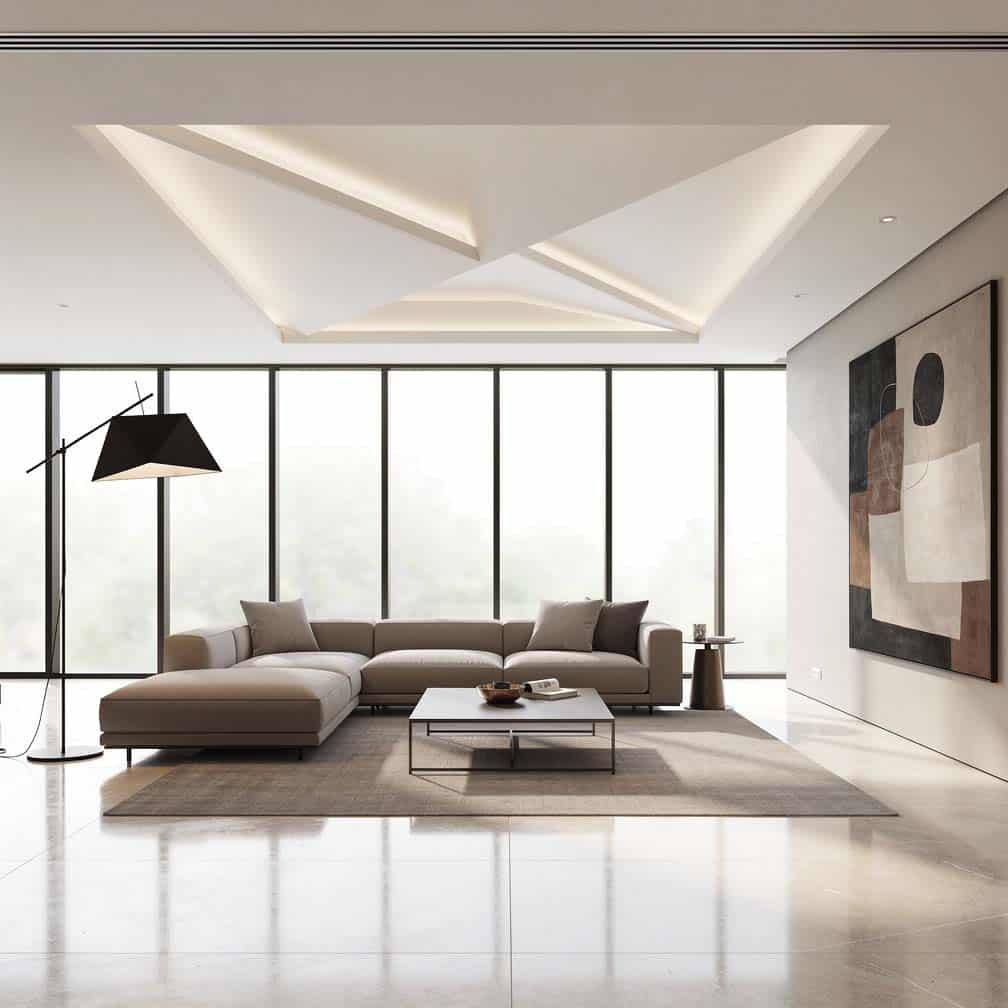 Geometric angular ceiling in a minimalist contemporary living room.