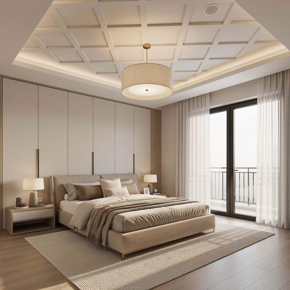 Bedroom with geometric ceiling design, drum pendant chandelier and French windows.