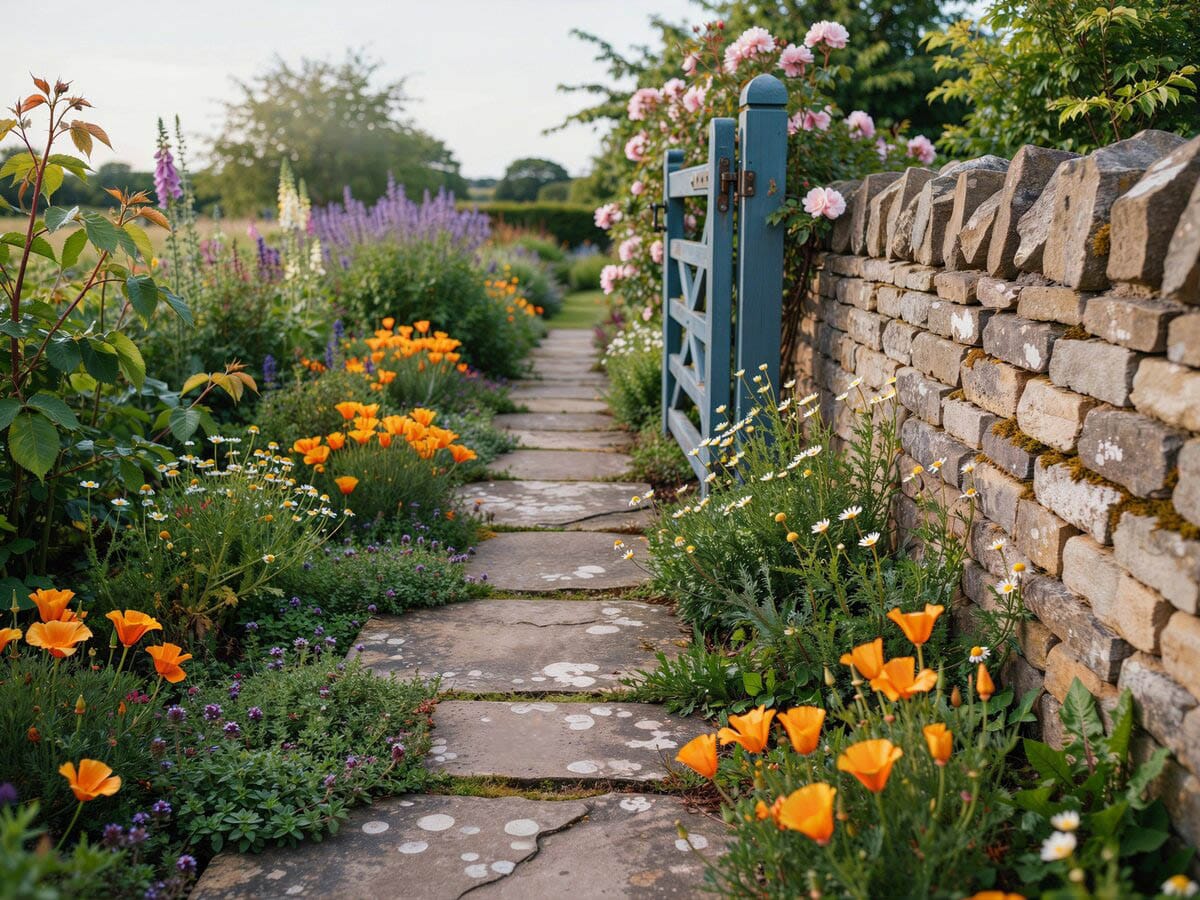 Granite slab stepping stones through creeping thyme to an ornate blue garden gate with orange poppies