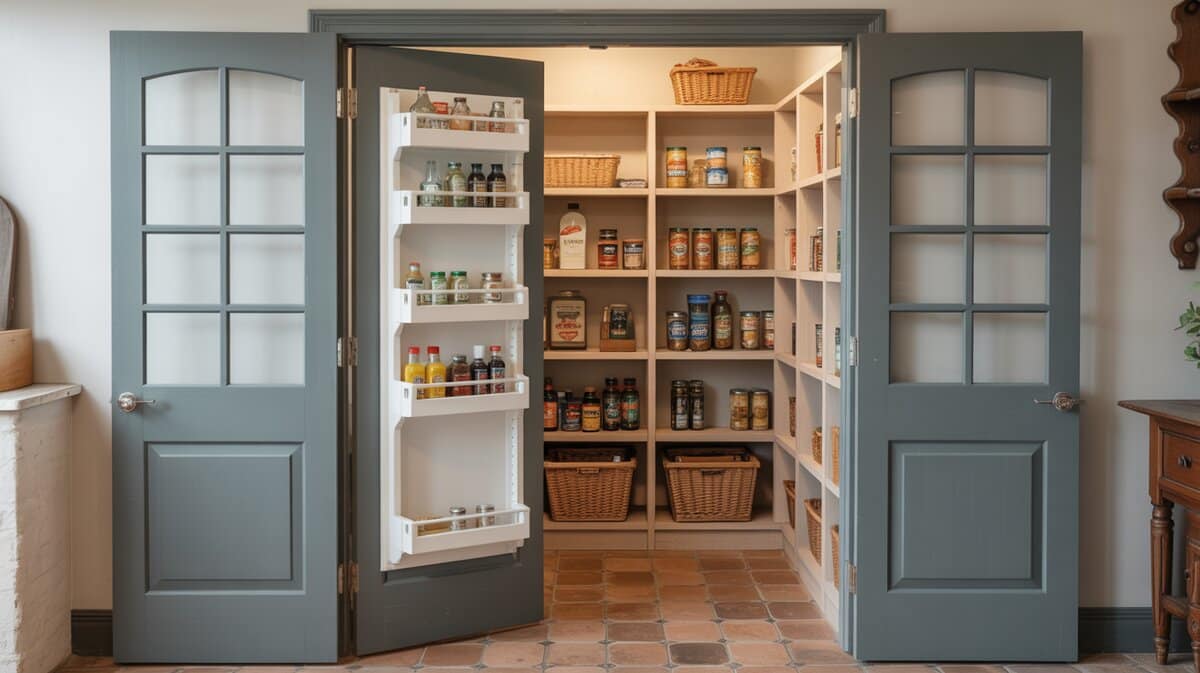 Gray-green French double pantry doors showing built-in inside door organizer with bottle holders and condiments
