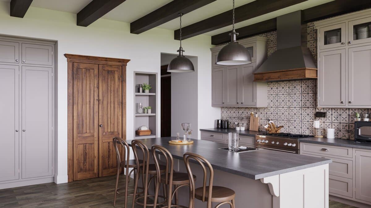 Gray shaker kitchen with rustic knotty wood pantry door and exposed ceiling beams