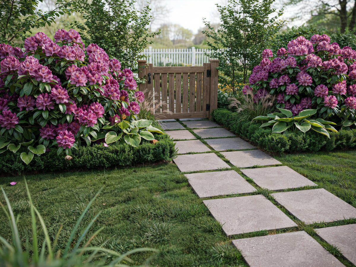 Grid pattern concrete aggregate pavers through a garden with purple rhododendrons and wooden gate