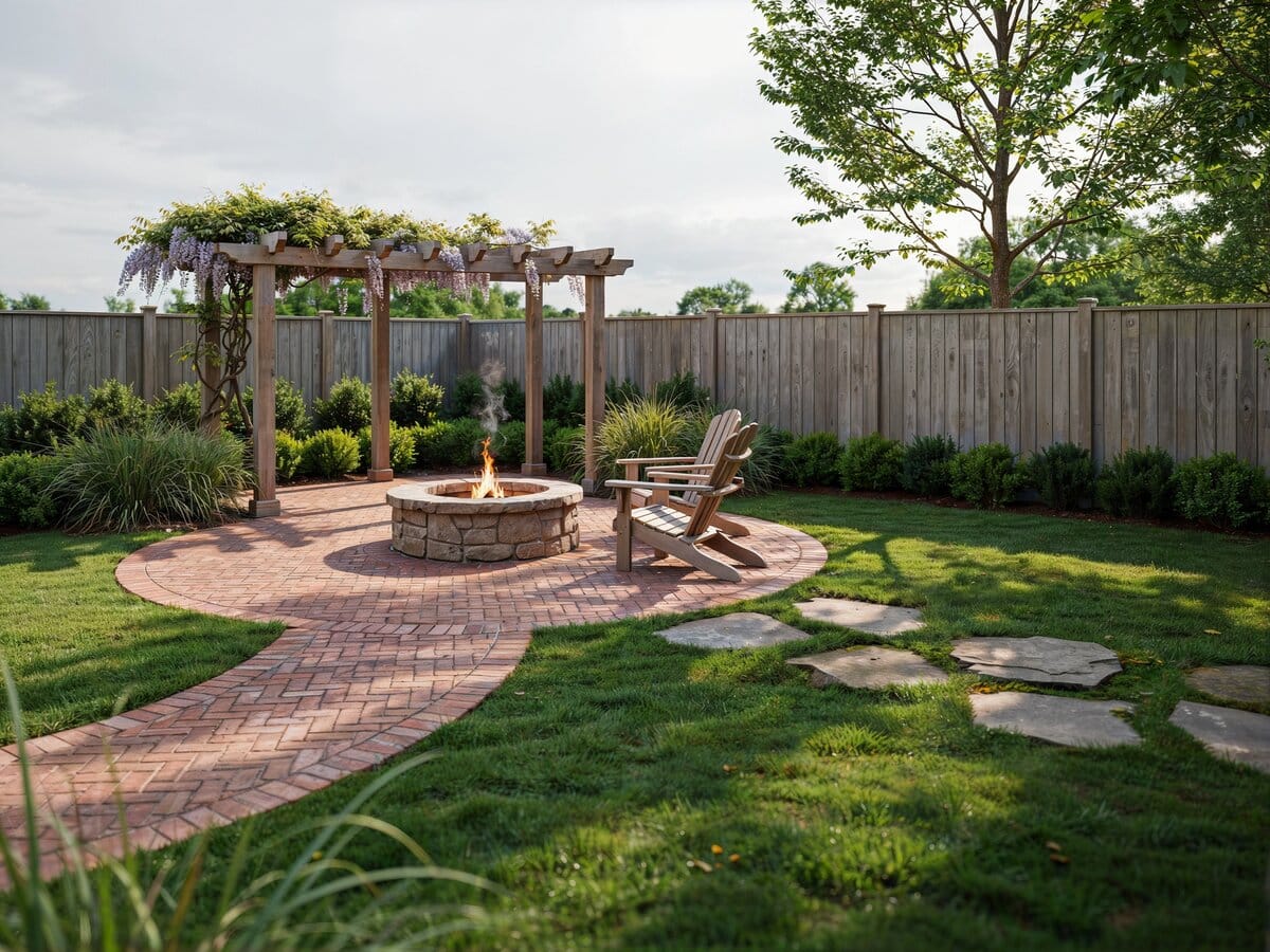 Herringbone brick fire pit patio with a curved walkway and stepping stones through a lawn