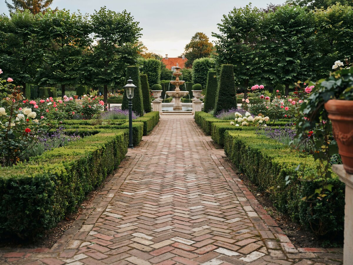 Herringbone brick walkway through a formal garden with a tiered stone fountain and boxwood hedges