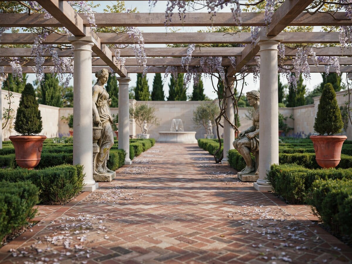 Herringbone brick walkway beneath a Mediterranean pergola with stone columns and sculpted figures