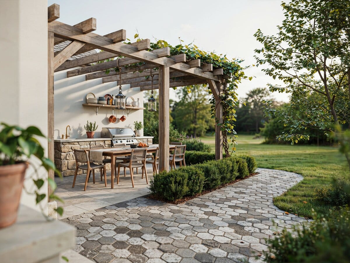 Hexagonal cobblestone brick path leading to a rustic wood and stone covered outdoor kitchen