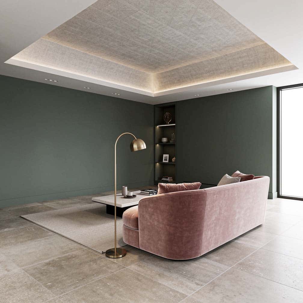 Living room with high ceiling and geometric wallpaper accent overhead against sage walls.