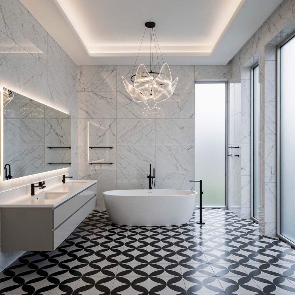 Bathroom with high ceiling making a grand impression as the center-point for a dramatic chandelier.