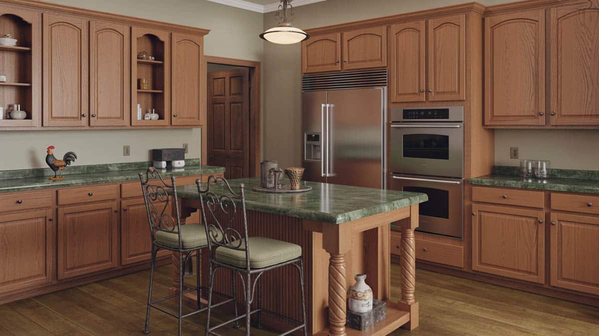 Medium oak raised-panel cabinets with green granite countertops and a pendant-lit center island