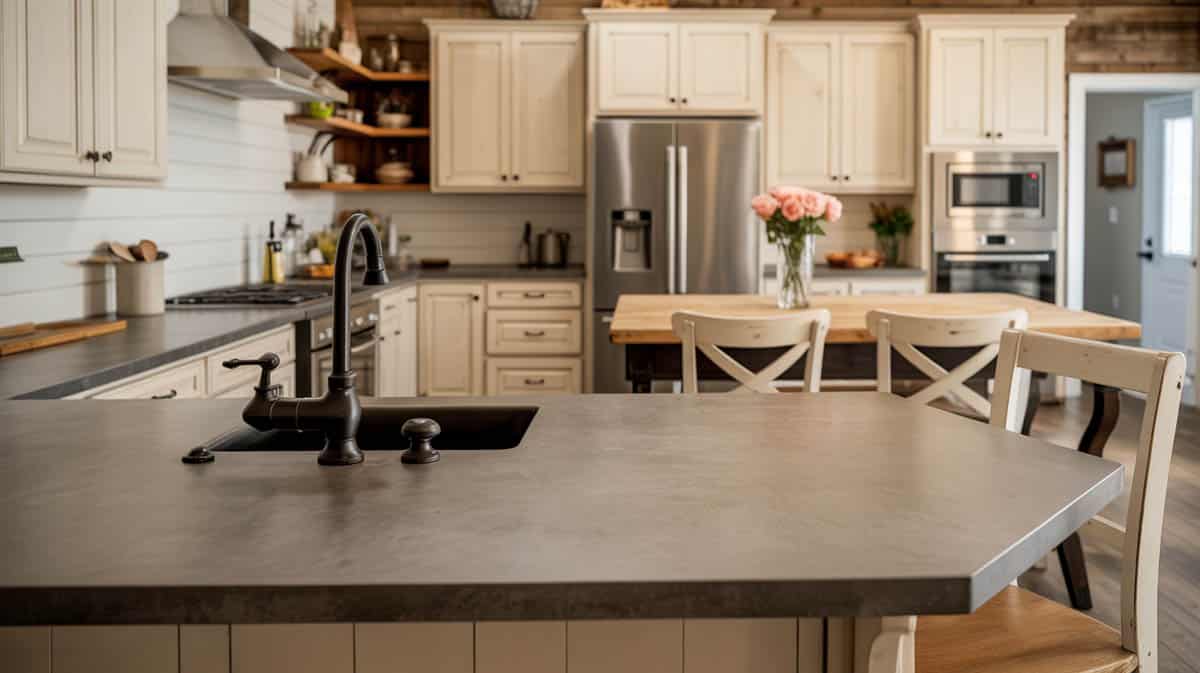 Thick gray concrete countertop with integrated sink in industrial loft kitchen with orange pendant lights