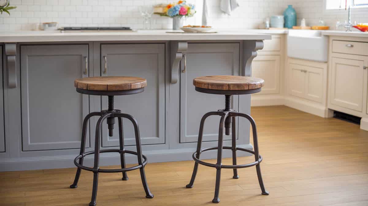 Two rustic industrial barstools with round wood seats at a gray island with white subway tile behind