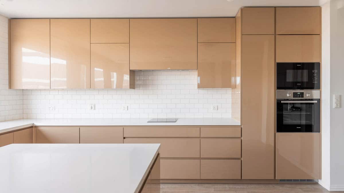 Kitchen with glossy cream laminate flat-front cabinets and bright white quartz countertop