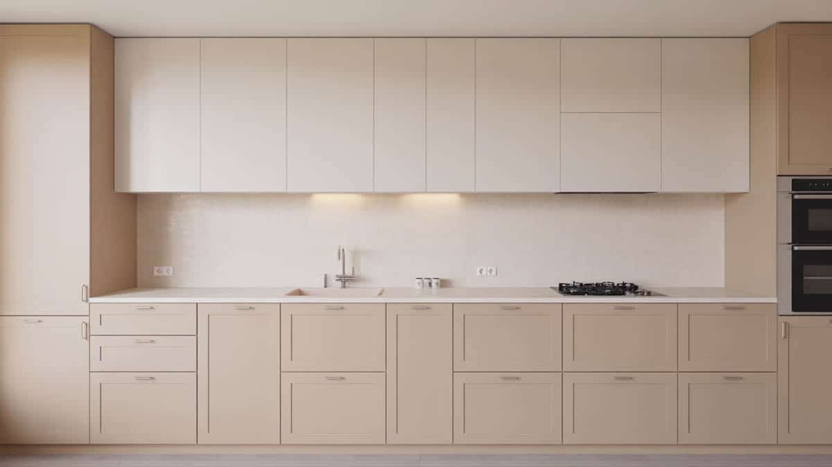 Kitchen with light ecru matte lower cabinets and white upper cabinets