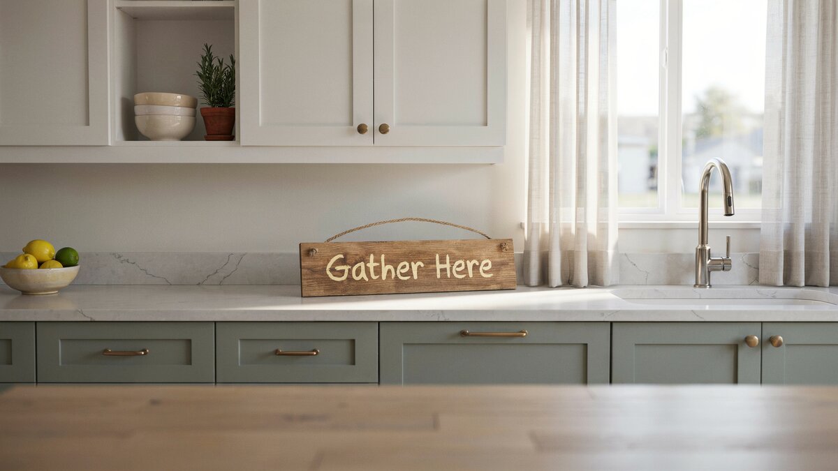 Decorative wood sign on countertop in kitchen with sage green cabinets