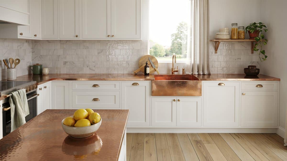 White shaker kitchen with hammered copper countertops and a copper farmhouse apron sink