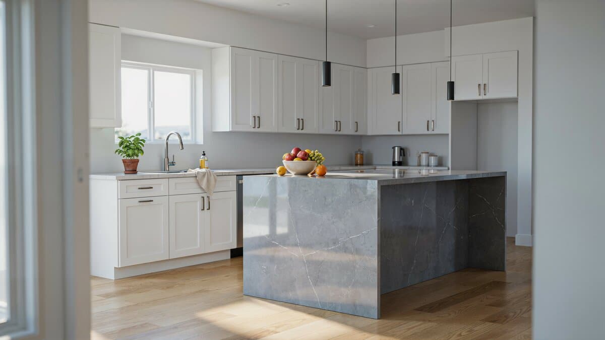 Bowl of fresh fruit on white countertop with gray kitchen island