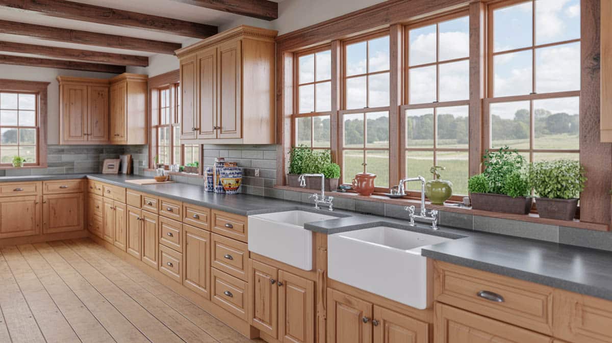 Natural knotty pine cabinets with double farmhouse sinks and large windows overlooking green countryside