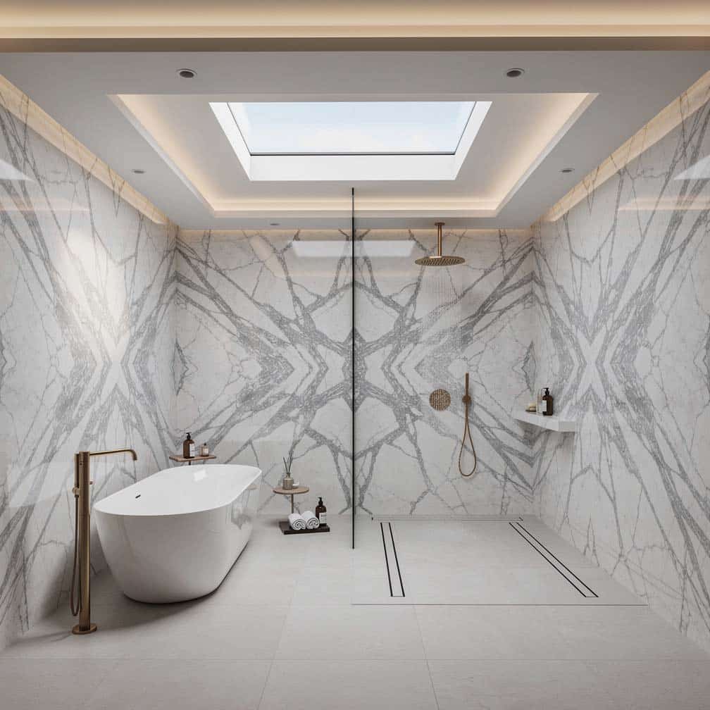 Luxury bathroom with large border ceiling providing the backdrop for an open rainfall shower.