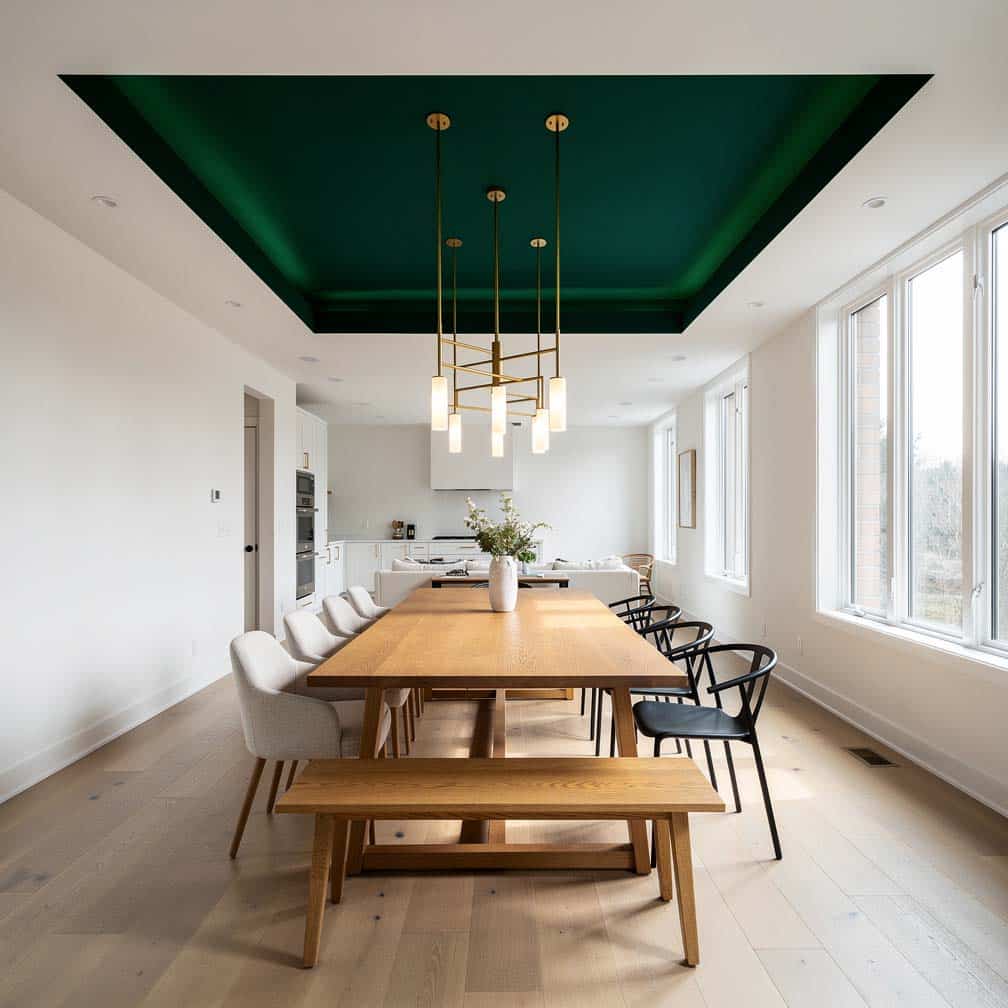 Large painted forest green ceiling feature in an open concept dining room.