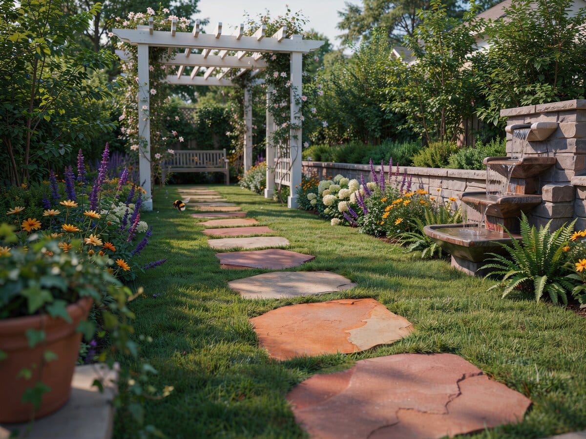 Large red flagstone stepping stones on a lawn with a white pergola and stone wall fountain