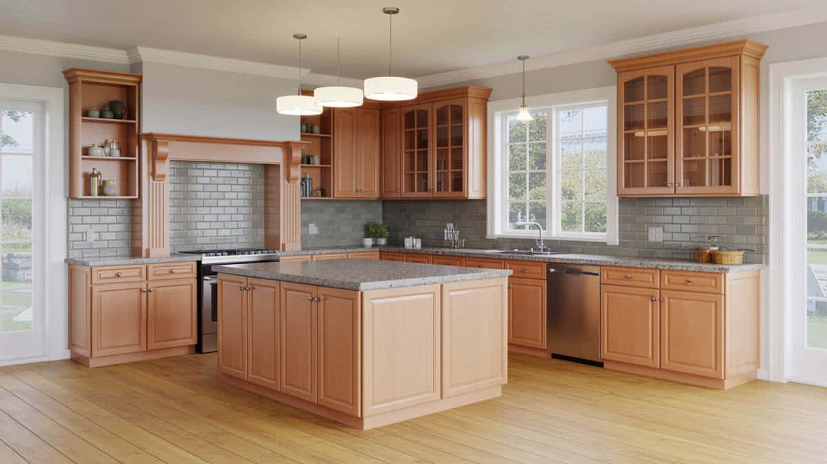 Light maple cabinets with a gray subway tile backsplash and three drum pendants above the island