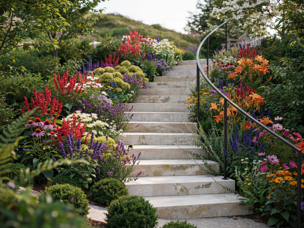 Wide limestone flat stone steps climbing a hillside with a metal handrail and colorful perennial borders