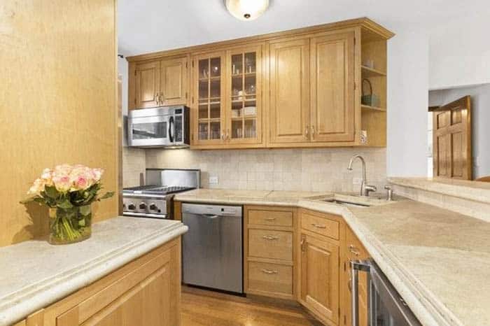 Limestone kitchen countertops in galley kitchen