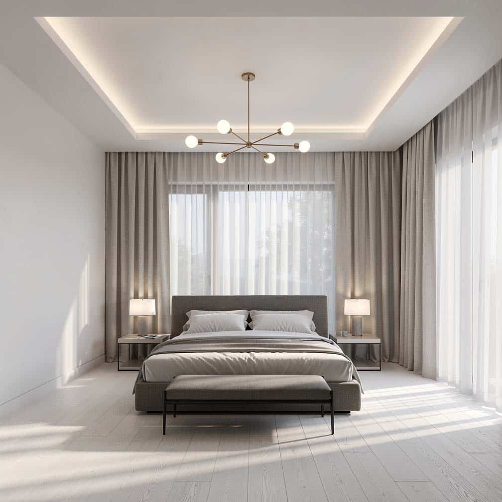 Bedroom with long stepped recess ceiling and a modern chandelier.
