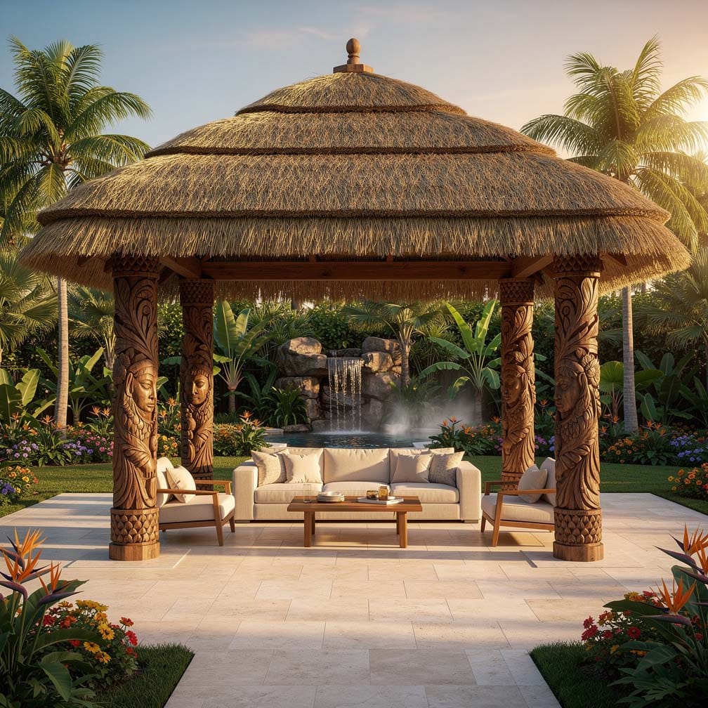 Grand double-layered thatch canopy with carved posts and waterfall feature