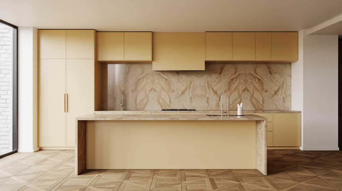 Luxury kitchen with book-matched beige marble slab backsplash and ivory lacquer cabinets