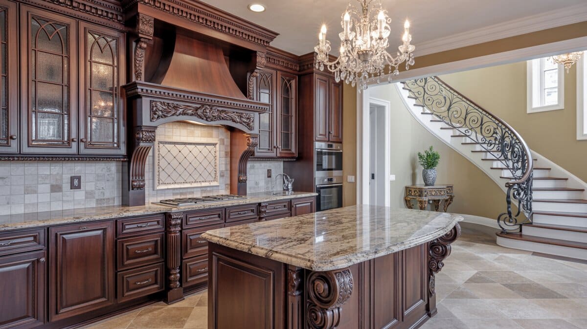 Luxury dark mahogany kitchen with carved range hood, leaded glass cabinets, and curved wrought iron staircase