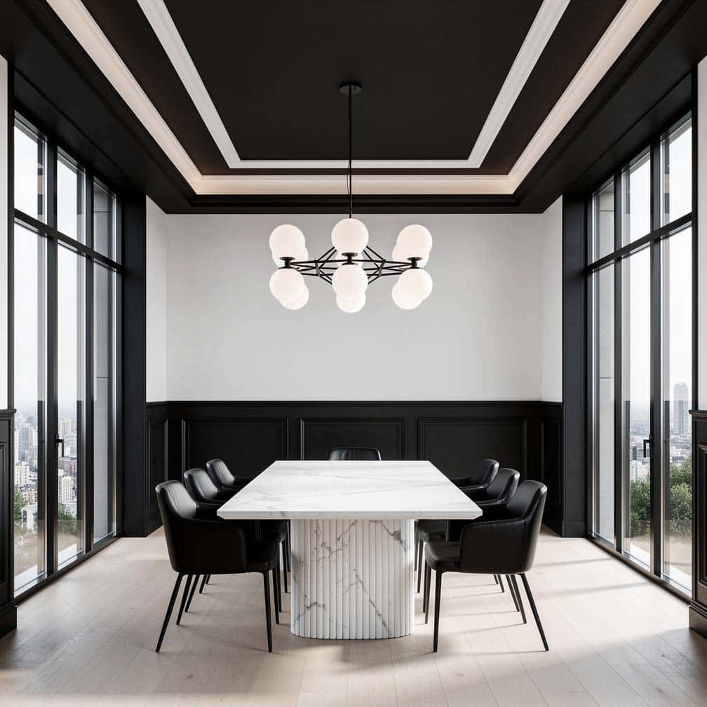 Matte black ceiling with white contrasting molding in a contemporary dining room.