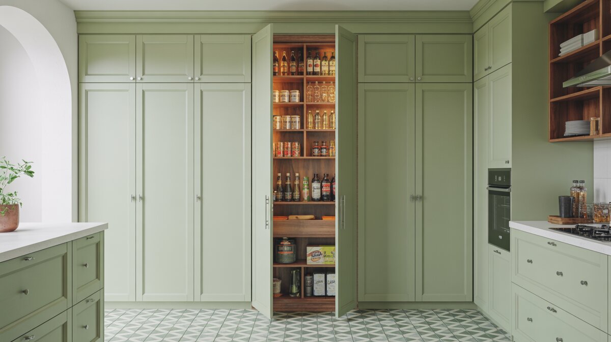 Mint green kitchen with hidden pantry nook tucked behind open display shelves on a geometric tile floor