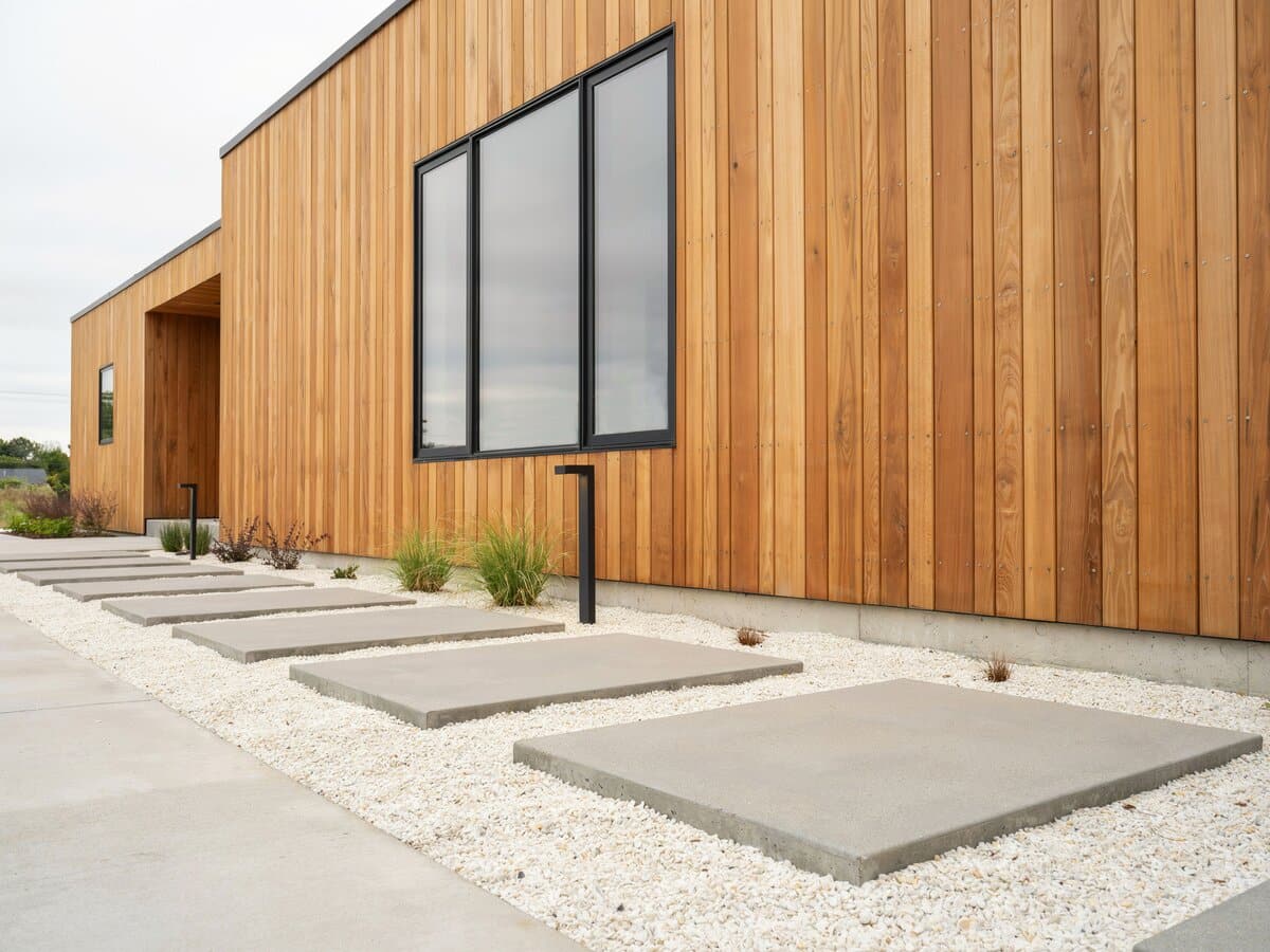 Modern rectangular concrete stepping stones on white pebbles beside a contemporary cedar sided home