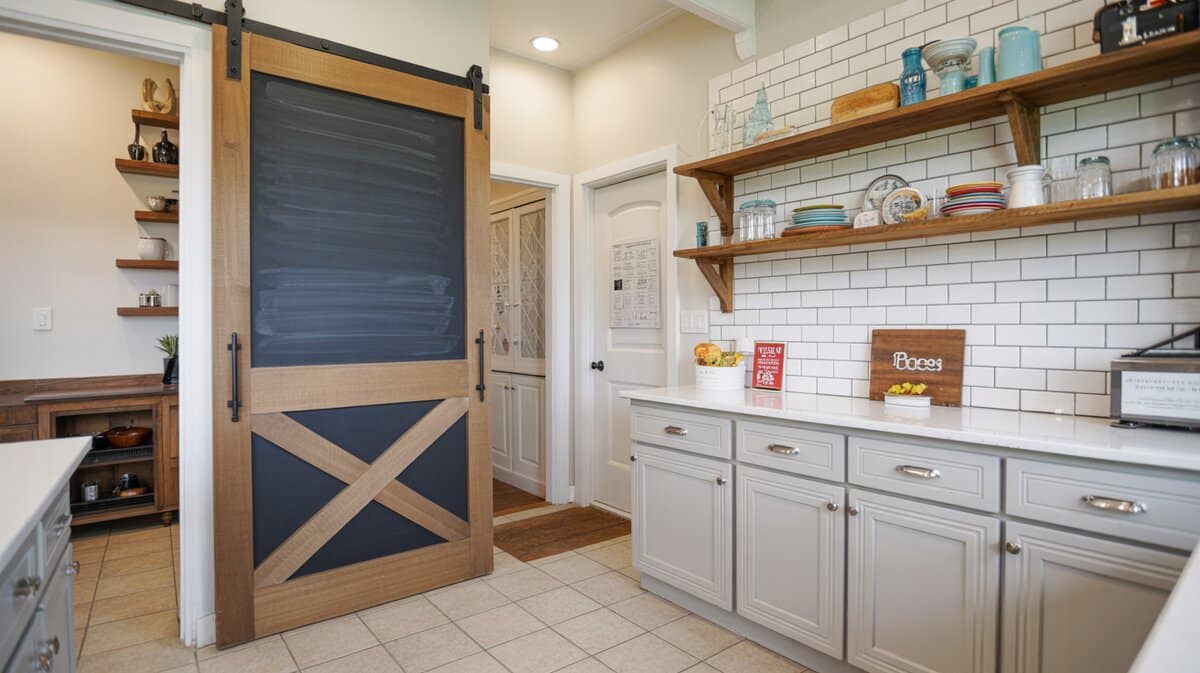 Modern farmhouse kitchen with chalkboard-painted sliding barn door pantry and open wood shelves