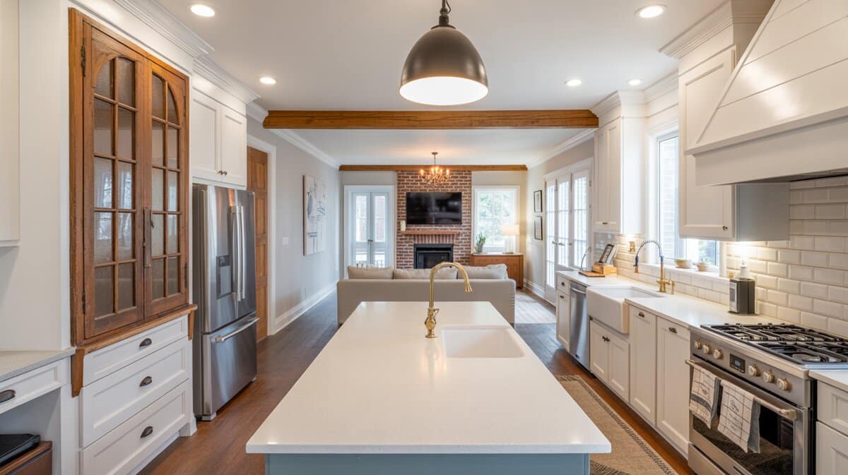 Modern farmhouse kitchen with natural wood and glass single pantry door beside exposed brick fireplace