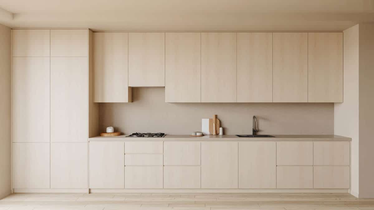 Modern Scandinavian kitchen with beige-washed wood veneer laminate cabinets and light wood flooring