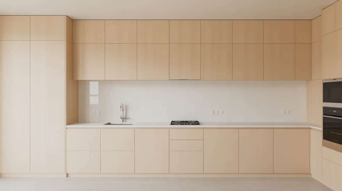 Modern kitchen with light beige wood veneer flat-front cabinets and white quartz slab backsplash