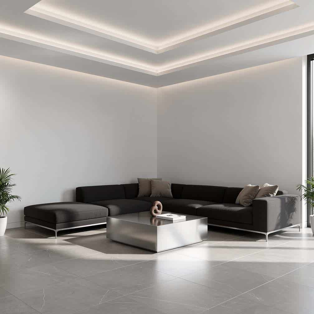 Modern multi-tier ceiling with recessed lighting in a minimalist living room.