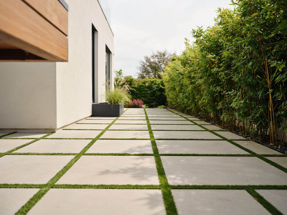 Modern large square concrete pavers with artificial turf joints in a side yard beside a bamboo hedge