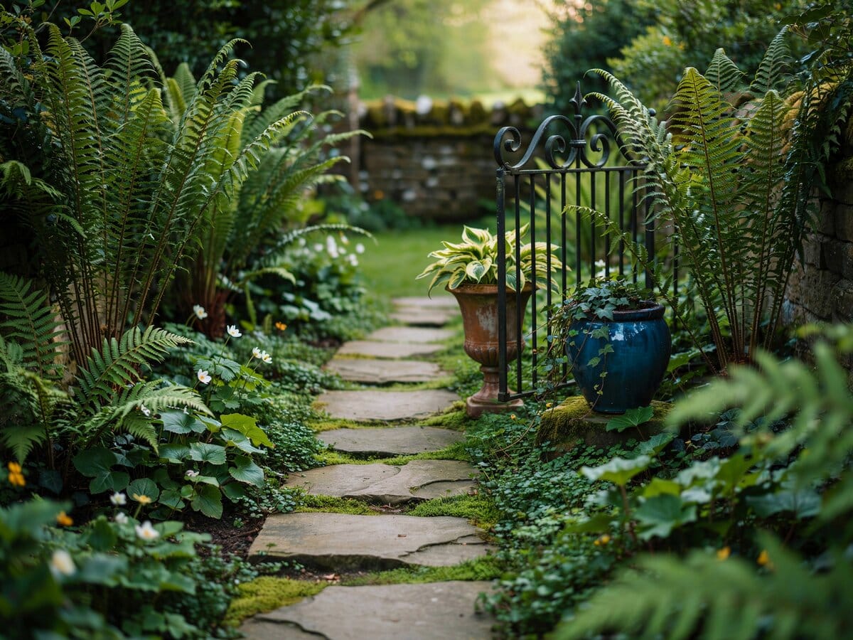 Narrow flagstone stepping stones through a shaded ground cover garden with ornamental pots and iron gate