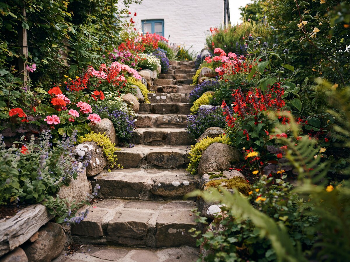 Natural fieldstone steps climbing through a terraced rock garden with pink and red flowering perennials