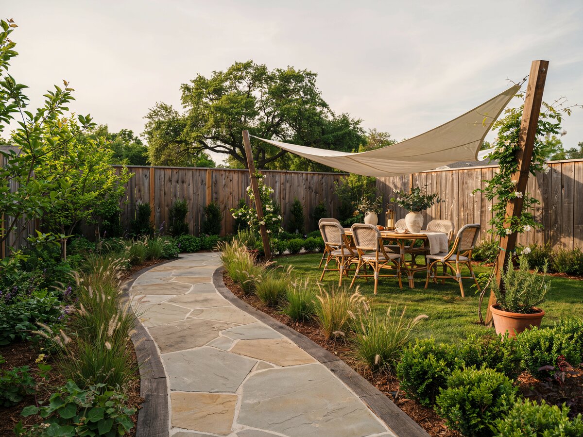 Natural flagstone walkway with wood border leading to a covered canvas patio with outdoor dining