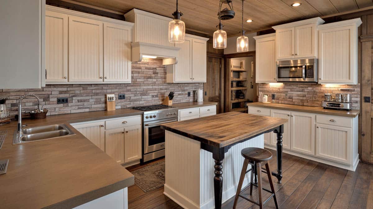 Dark gray acid stained concrete countertops in natural wood flat-front kitchen with stainless hood
