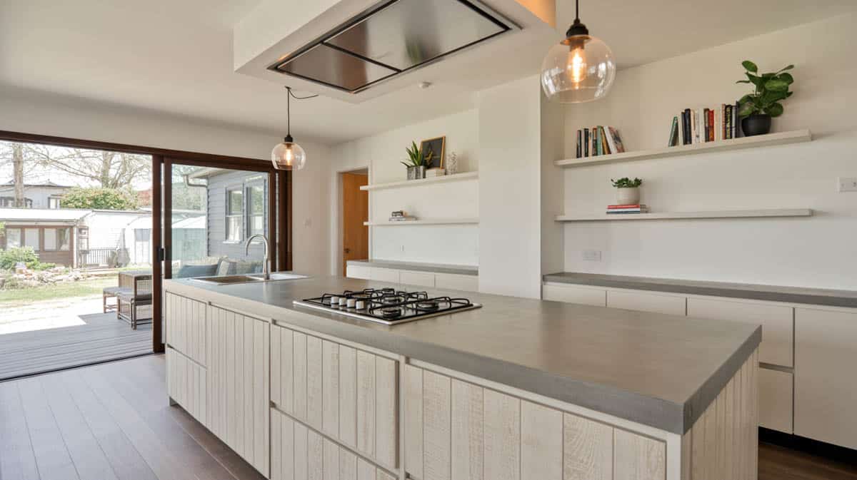 Gray concrete kitchen island in urban loft galley with exposed ductwork and white modern stools