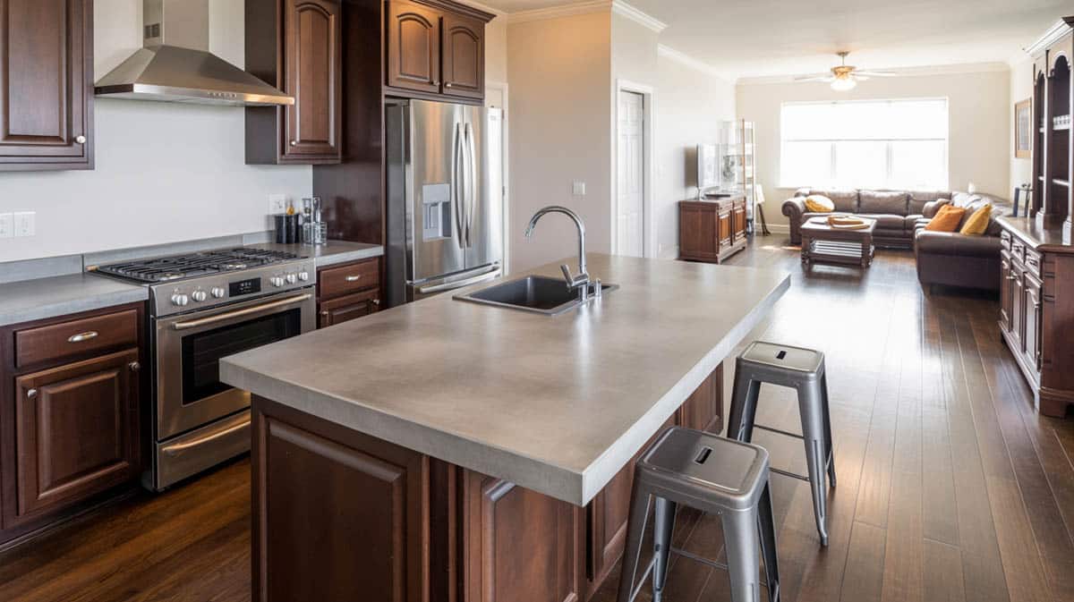 Polished gray concrete countertop in Scandinavian kitchen with black dome pendants and leather stools