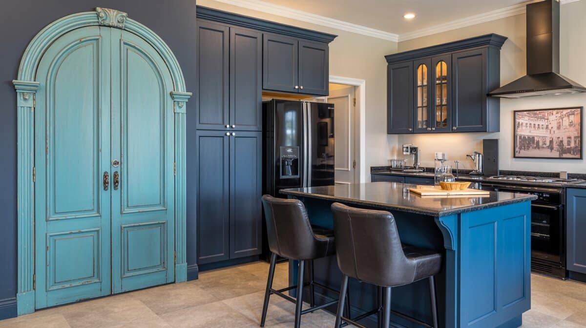 Navy blue kitchen with arched turquoise-painted antique double pantry doors