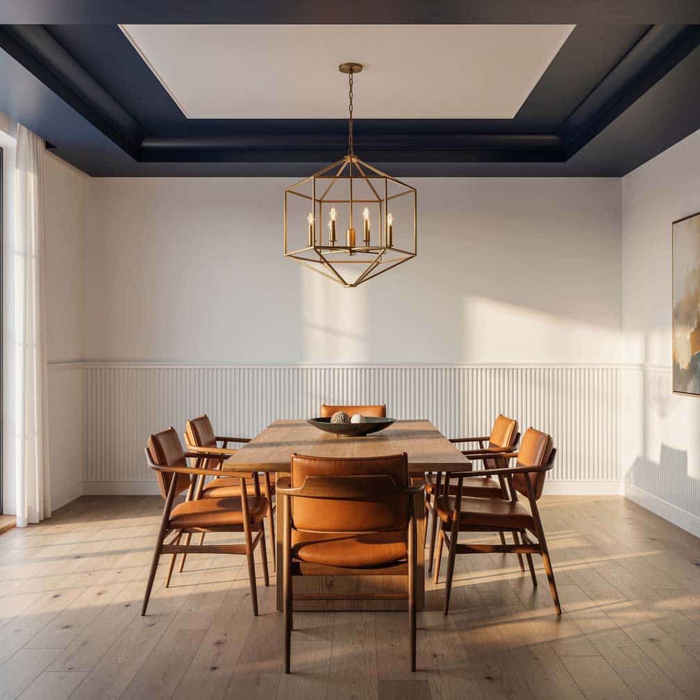 Dining room with navy painted ceiling and white fluted paneling.
